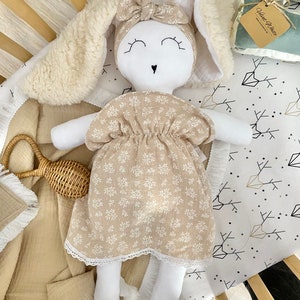 Bunny Rag Doll | Baby Doll Bassinet | Fabric Stuffed Animal | Babys First Toy | Cute Doll Carrier | Montessori Doll | Eco Friendly Doll