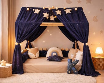 Navy Blue Bed Canopy with Gold Dots | Handmade Cotton, Starry Nursery