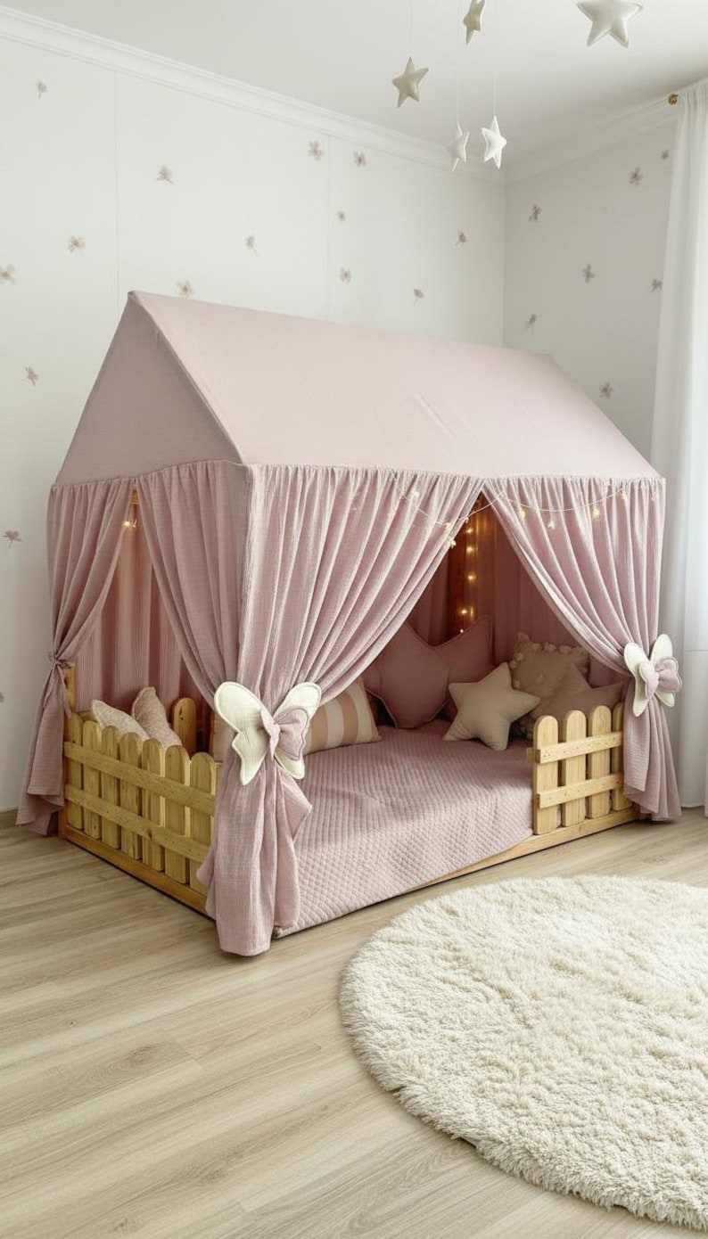 Muslin fabric canopy over reading pillows