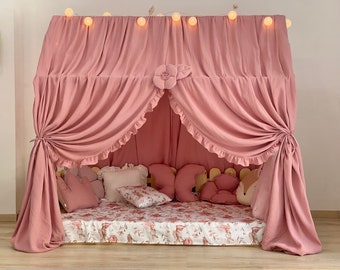 Roze Montessori Bed Canopy, mousseline bedgordijnen, Bed Canopy tent, Kinderkamer Canopy voor Huisbed, Huisbedgordijnen, Gepersonaliseerde Bed Canopy