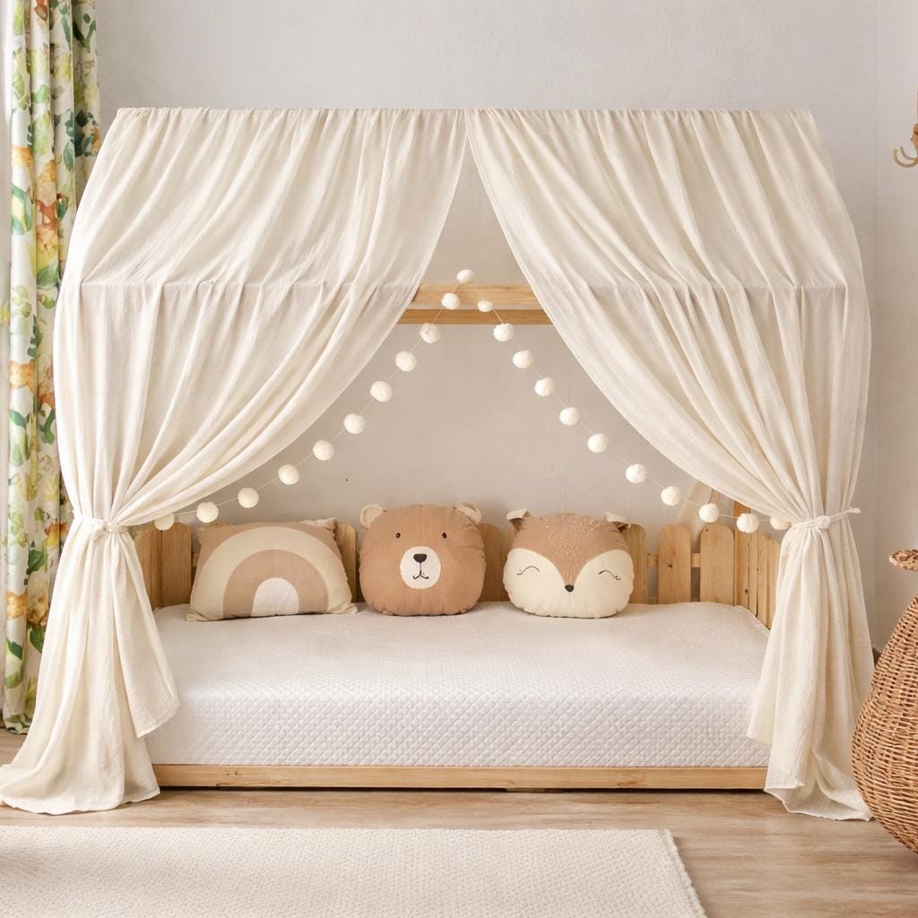 Cotton Muslin House Bed Canopy, Montessori Floor Bed Curtain, Kids