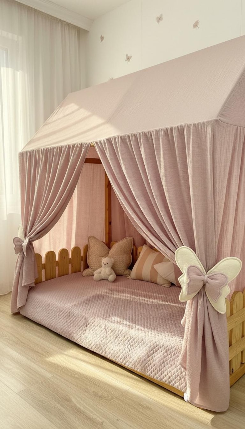 Muslin fabric canopy over reading pillows