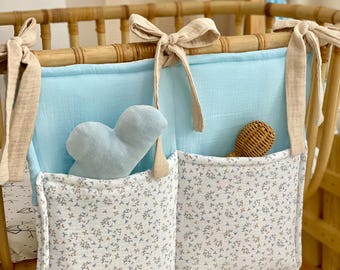 Crib organizer ,Bed organizer for toys, Kids candle pockets,Cotton muslin organizer bag, Baby room organizer, Pacifier and comforter storage