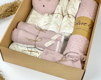 Boîte pour bébé en marbre rose, emballée dans le respect de l'environnement, cadeau de baby shower, cadeau pour un nouveau parent, cadeau de Noël