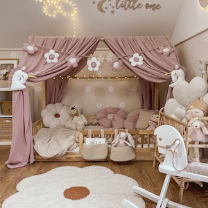 Dosel de cama de muselina de algodón rosa con unicornios, decoración bohemia para habitación infantil.