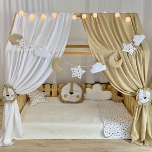 Beige-White Montessori Bed Canopy,Muslin bed curtains,Bed Canopy tent,Kids room House bed Canopy ,House Bed Curtains,Personalized Bed Canopy
