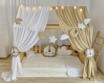 Beige-White Montessori Bed Canopy,Muslin bed curtains,Bed Canopy tent,Kids room House bed Canopy ,House Bed Curtains,Personalized Bed Canopy