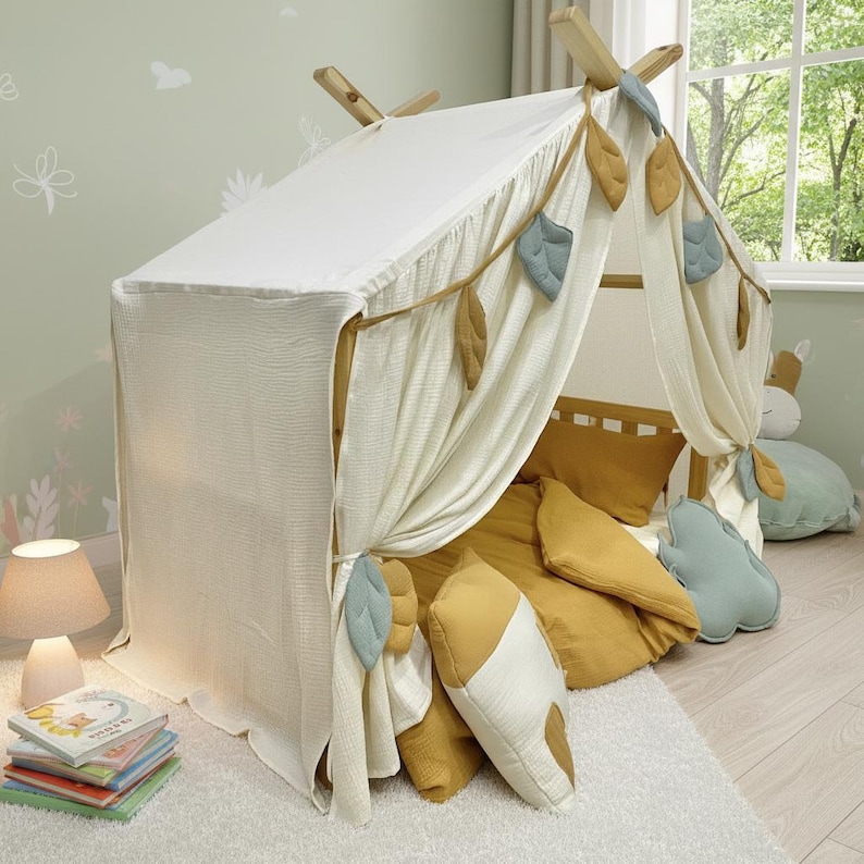 Kids room canopy with leaf ties and soft breathable cotton fabric.