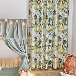 Safari animals curtains for kids room,Nursery curtains,Lion window curtains with same print pillow cover, Jungle toddler curtains