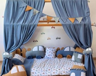 Cotton Muslin Kids Play Canopy, Bold Blue Jean Bed Decor, Reading Nook Playroom Tent