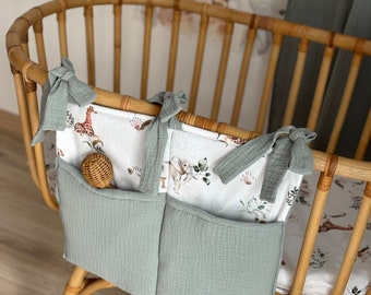 Crib organizer ,Bed organizer for toys, Kids candle pockets,Cotton muslin organizer bag, Baby room organizer, Pacifier and comforter storage