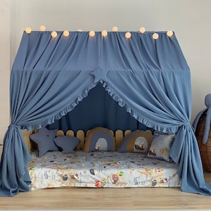 Blue jean Canopy, Blue muslin Montessori bed curtains, Bed canopy, Kids room canopy ,House Bed Curtains ,Organic cotton house bed canopy