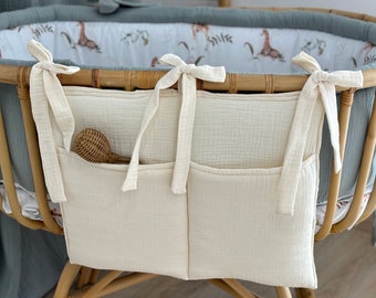 Crib organizer ,Bed organizer for toys, Kids candle pockets,Cotton muslin organizer bag, Baby room organizer, Pacifier and comforter storage