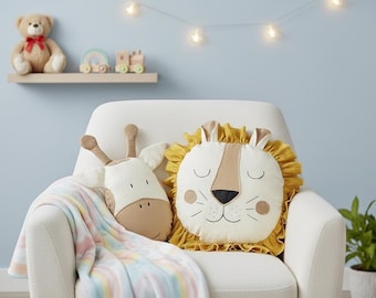 Lion Pillow Kids Room – Safari Nursery Cushion, Handmade Cotton Animal Pillow, Neutral Jungle Decor