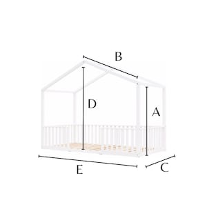 May include: A white wooden house-shaped bed frame with a slatted side and a wooden base. The frame has a roof-like structure. The bed frame's dimensions are indicated with labeled lines.