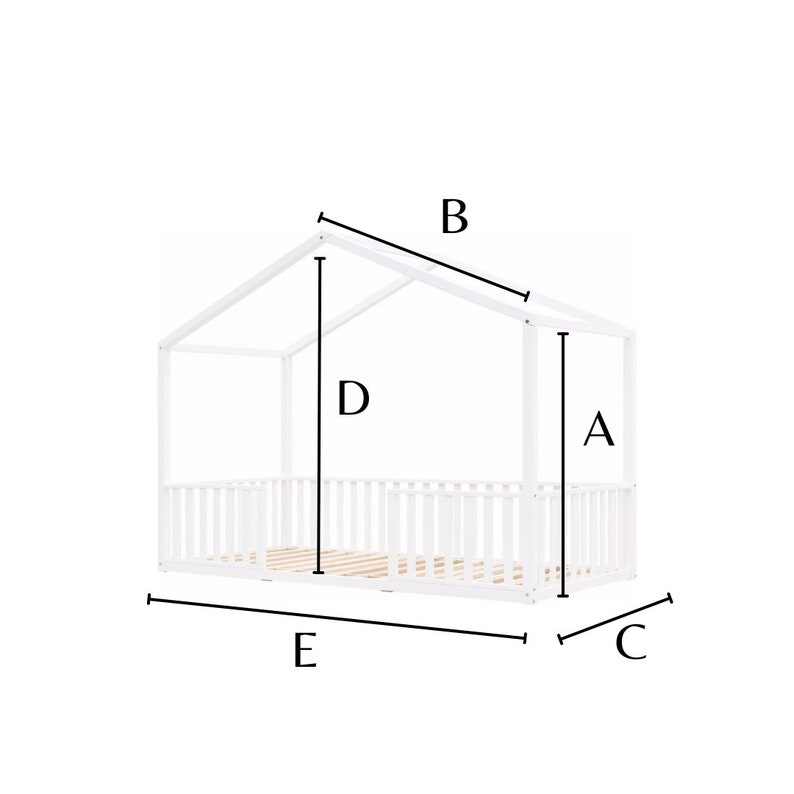 May include: A white wooden house-shaped bed frame with a slatted side and a wooden base. The frame has a roof-like structure. The bed frame's dimensions are indicated with labeled lines.