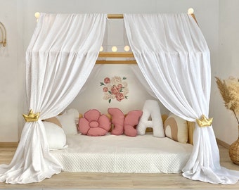 Muslin Bed Canopy: White with Golden Dots, Kids Reading Nook