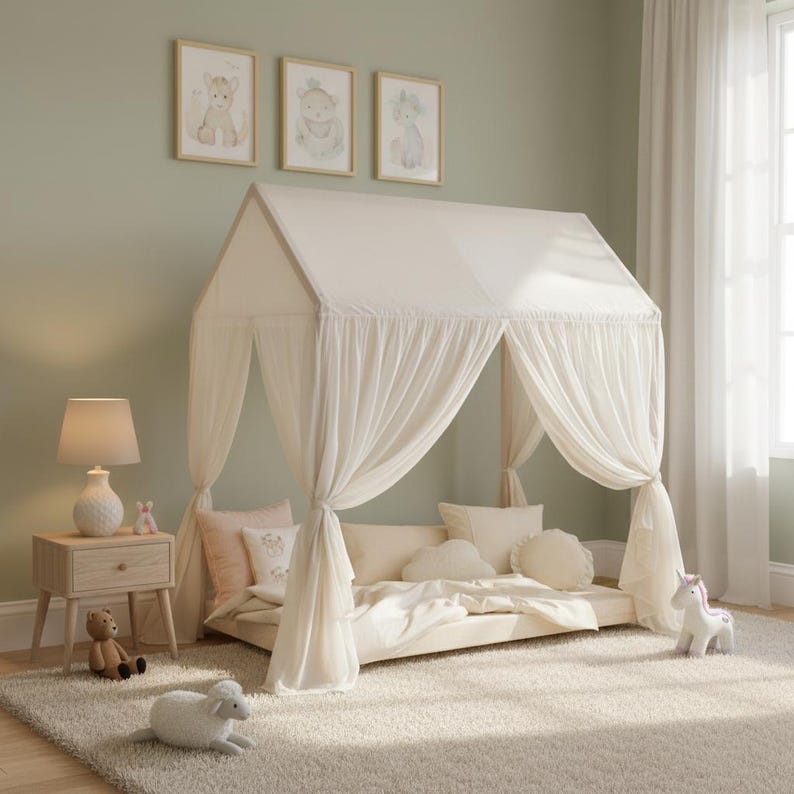 Muslin fabric canopy over reading pillows