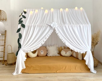Dosel de cama Montessori de muselina blanca: Tienda de campaña para cama infantil con forma de casita.