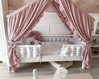 Dosel de cama de muselina rosa con flores - Decoración para sala de juegos infantil