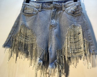 tassel blue jean shorts