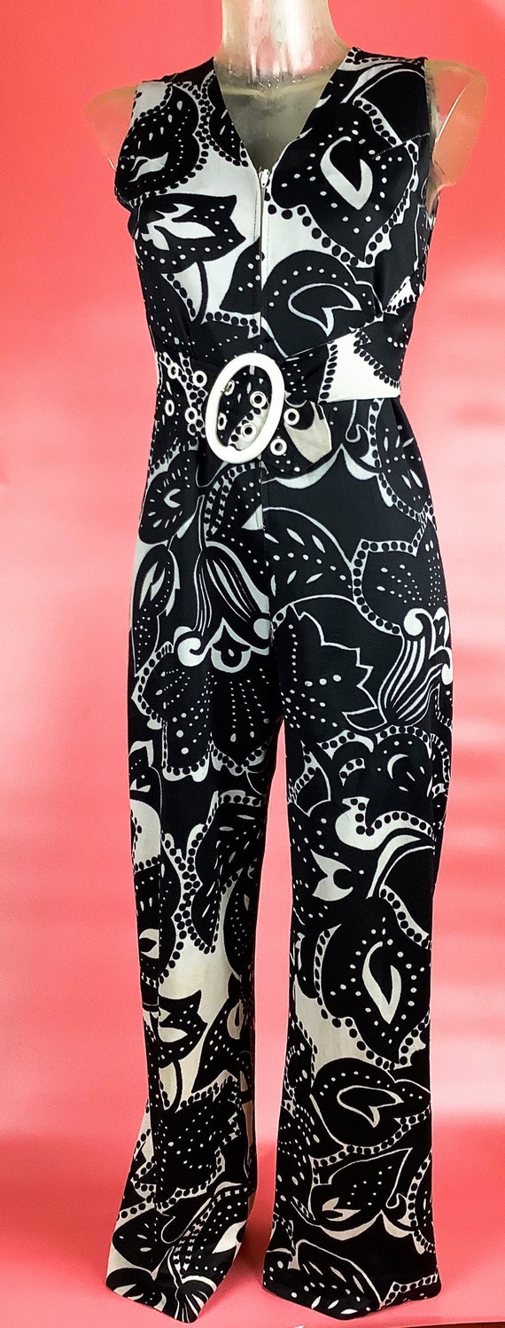 Vintage 1960s Black and White Paisley Mod Jumpsuit