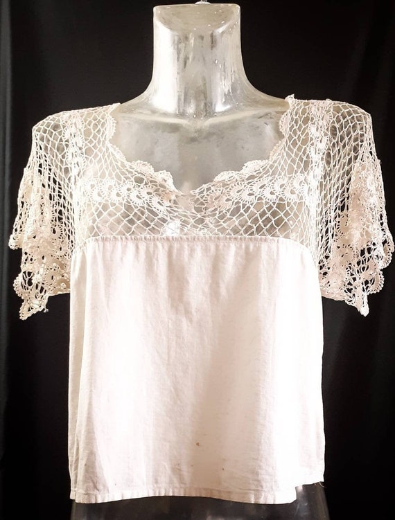Beige Victorian Crochet Chemise Blouse S/M