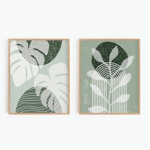 Sage Green Decor, Monstera Leaves, Printable Wall Art, Set of 2 Prints, Boho Rainbow Home Decor, Digital Print, Instant Download