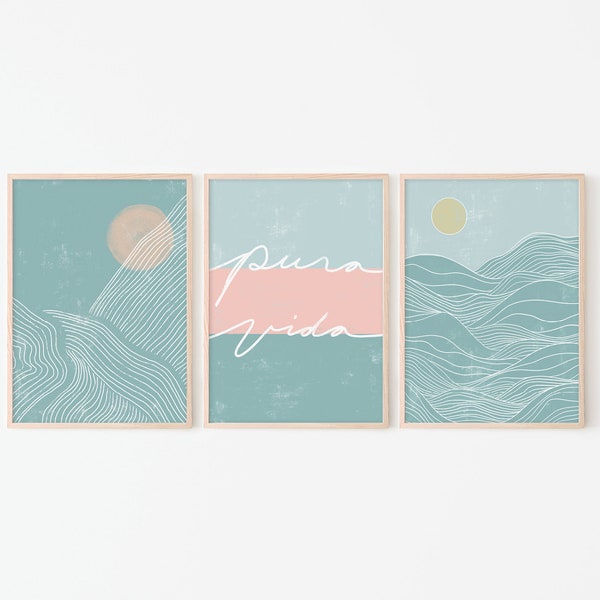 Abstract Landscape, Pura Vida, Printable Wall Art, Set Of 3 Prints, Ocean Waves, Boho Beach Print, Beach House Decor, Abstract Art Print