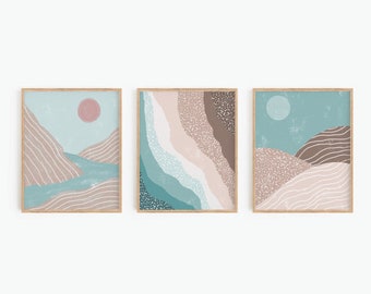 Paysage abstrait, ensemble d’art mural imprimable de 3 estampes, vagues de l’océan, impression de boho beach, décor de maison de plage, impression d’art abstrait, impression numérique