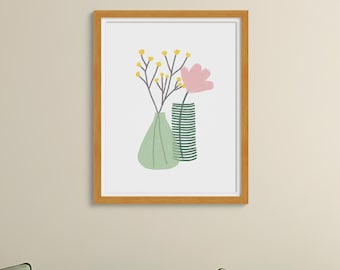 Minimalistyczny kwiatowy wazon z nadrukiem, botaniczna sztuka ścienna, japońskie cyfrowe pobranie