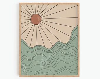 Sage Green Decor, Printable Wall Art, Boho Rising Sun, Abstract Landscape, Digital Print, Neutral Wall Art, Boho Decor, Instant Download Art