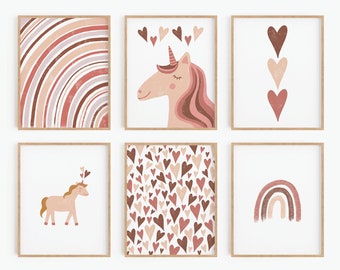 Gallery Set of 6 Nursery Prints, Unicorn Poster, Boho Heart Wall Decor, Printable Wall Art, Baby Room Decor, Digital Print, Instant Download