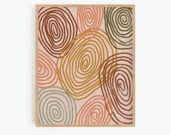 Könnte beinhalten: Abstrakter Kunstdruck mit rosa Hintergrund und farbenfrohen wirbelnden Mustern in Braun-, Orange-, Grün- und Rottönen.
