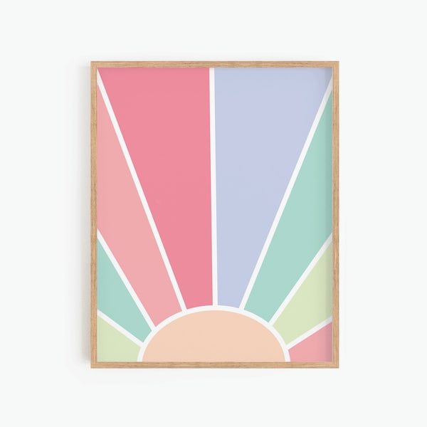 Danish Pastel Decor, Sunburst Poster, Retro Rainbow, Printable Wall Art, Y2K Aesthetic, Instant Download