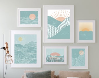 Gallery Wall, Set Of 6 Digital Prints, Sunset Poster, Boho Coastal Home Decor, Printable Wall Art, Instant Download