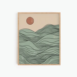Sage Green Decor, Printable Wall Art, Abstract Landscape, Ocean Waves Print, Boho Beach Print, Beach House Decor, Instant Download Art