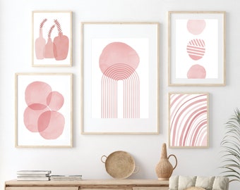 Blush Pink, Abstrakte Kunstdrucke, Galerie Wandkunst Set von 5 Drucken, druckbare Wandkunst, Regenbogen, Boho-Dekor, Digitaldruck, Sofortiger Download