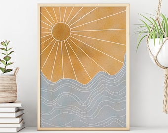 Könnte beinhalten: Ein digitaler Kunstdruck mit einer stilisierten Sonne mit Strahlen und Wellen im minimalistischen Stil. Die Sonne ist gelb und die Wellen sind blau. Der Druck ist in einem hellen Holzrahmen gerahmt.