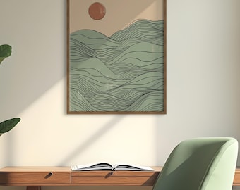Stampa Japandi Sage Green Ocean Waves
