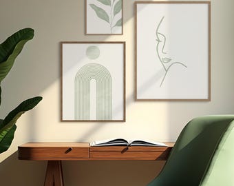 Salbeigrüne Wandkunst 3er-Set, abstraktes botanisches Boho druckbares Dekor