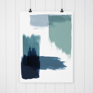 May include: Abstract art print with blue, green, and black brushstrokes on a white background.