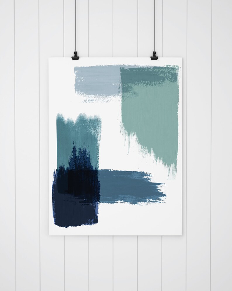 May include: Abstract art print with blue, green, and black brushstrokes on a white background.