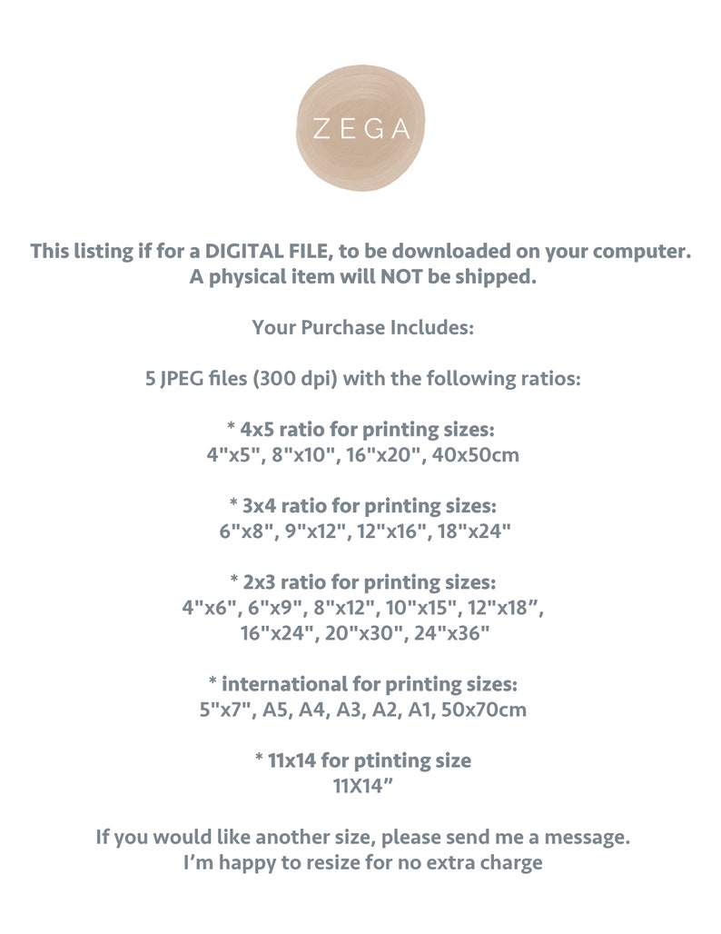 K&ouml;nnte beinhalten: Eine digitale Download-Liste f&uuml;r 5 JPEG-Bilder in verschiedenen Gr&ouml;&szlig;en, darunter 4x5, 3x4, 2x3, international und 11x14. Die Liste enth&auml;lt einen Hinweis, dass der Verk&auml;ufer die Bilder gerne ohne zus&auml;tzliche Kosten in der Gr&ouml;&szlig;e anpasst.