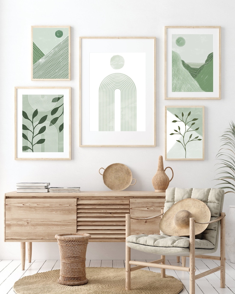 Sage Green Decor, Abstract, Printable Wall Art, Set Of 5 Prints, Botanical, Rainbow, Boho Decor, Digital Print, Instant Download Art image 1
