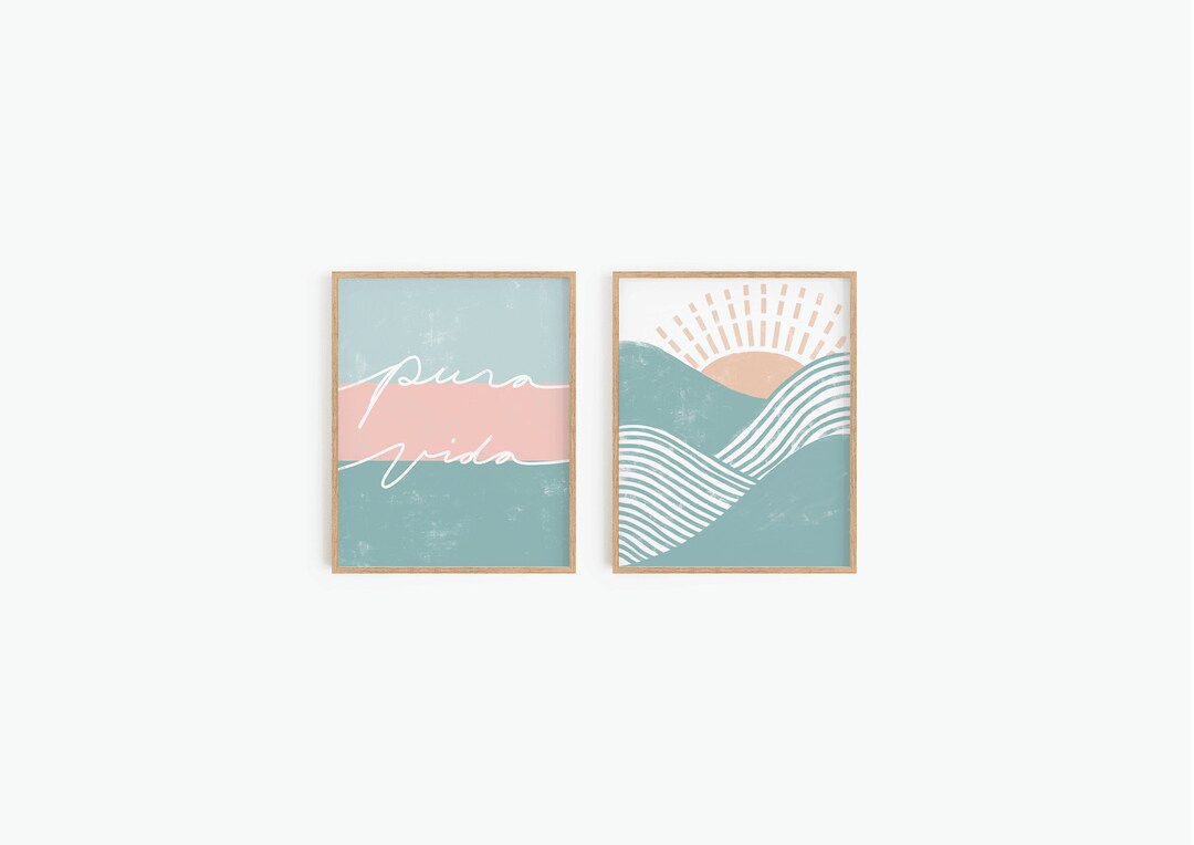 Set of 2 Prints, Pura Vida, Abstract Landscape, Typography Art, Ocean Waves, Boho Beach Print ...