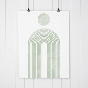 K&ouml;nnte beinhalten: Ein digitaler Druck eines gr&uuml;nen Aquarell-Regenbogenbogens mit einem Kreis dar&uuml;ber. Der Druck h&auml;ngt an einer wei&szlig;en Wand.