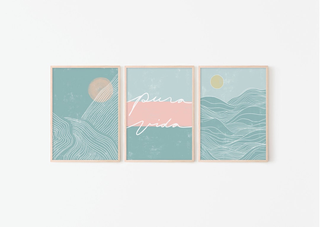 Abstract Landscape, Pura Vida, Printable Wall Art, Set of 3 Prints, Ocean Waves, Boho Beach ...