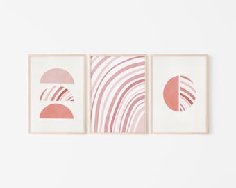 Set med 3 tryck, abstrakt regnbåge, geometrisk utskrivbar väggkonst, digitalt tryck, rodnande rosa väggkonst, bohemisk dekor, abstrakt konsttryck