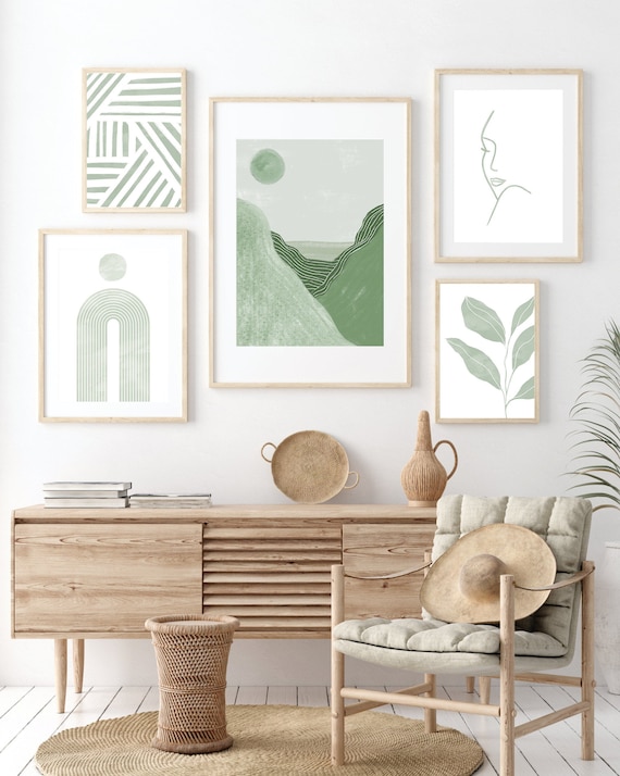 Sage Green Decor, Abstract, Printable Wall Art, Set Of 5 Prints, Botanical, Rainbow, Boho Decor, Digital Print, Instant Download Art